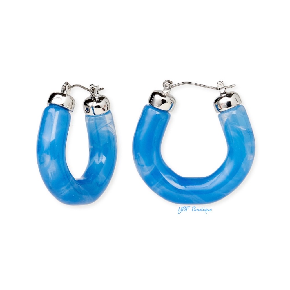 New Blue Marble & Silver Resin Hoop Fashion Earrings - Picture 5 of 7